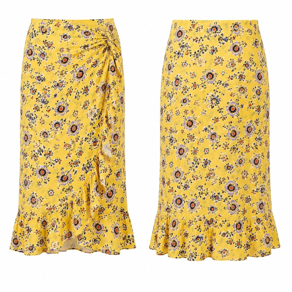 New Max Studio Wrap Skirt Womens XL Yellow Floral Ruffle Midi Romantic Cottage - Picture 2 of 16